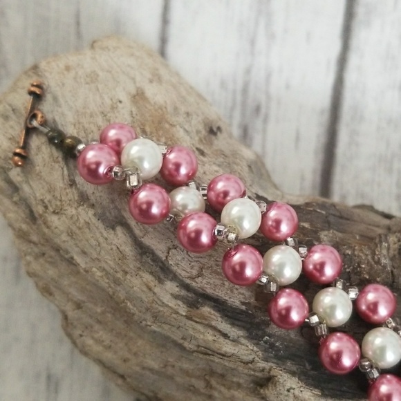 Pink & white glass pearl beaded bracelet - Picture 5 of 8